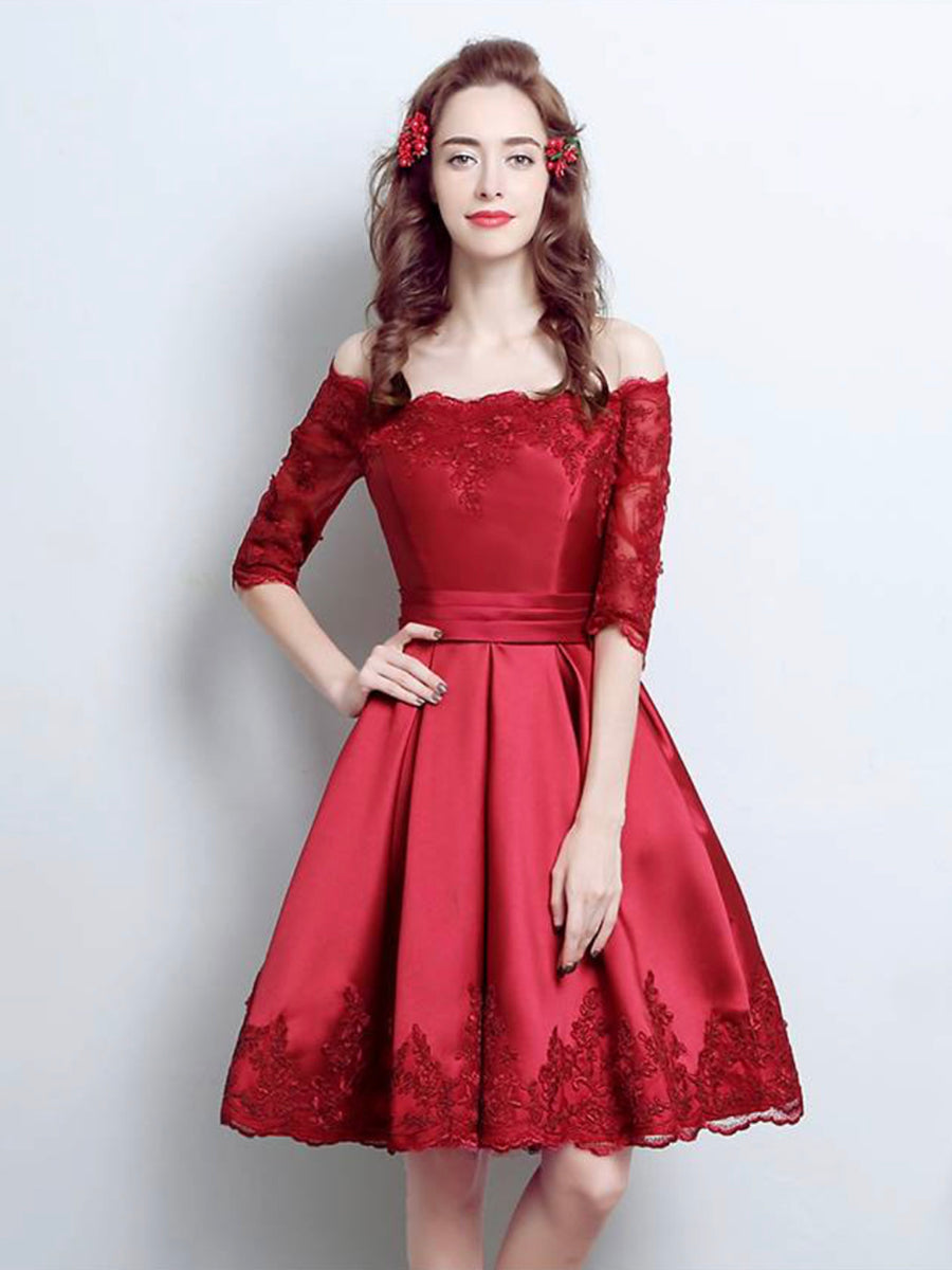 Burgundy Satin Lace Short Prom Dress, Burgundy Evening Party Dress