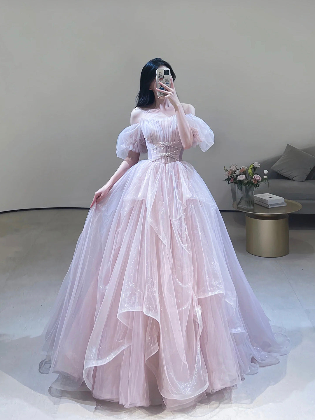 pink tulle off the shoulder dress Pink A Line Tulle Ruffles Off the Shoulder Long Prom Dresses with Bow, Pink / 14