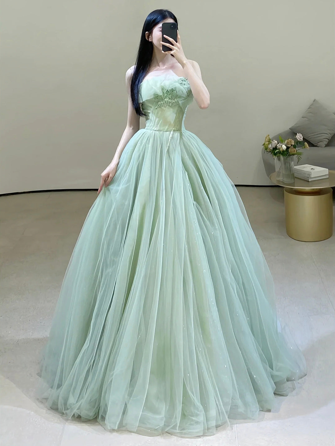 Green Strapless Tulle Floor Length Prom Dress, Beautiful Green Evening