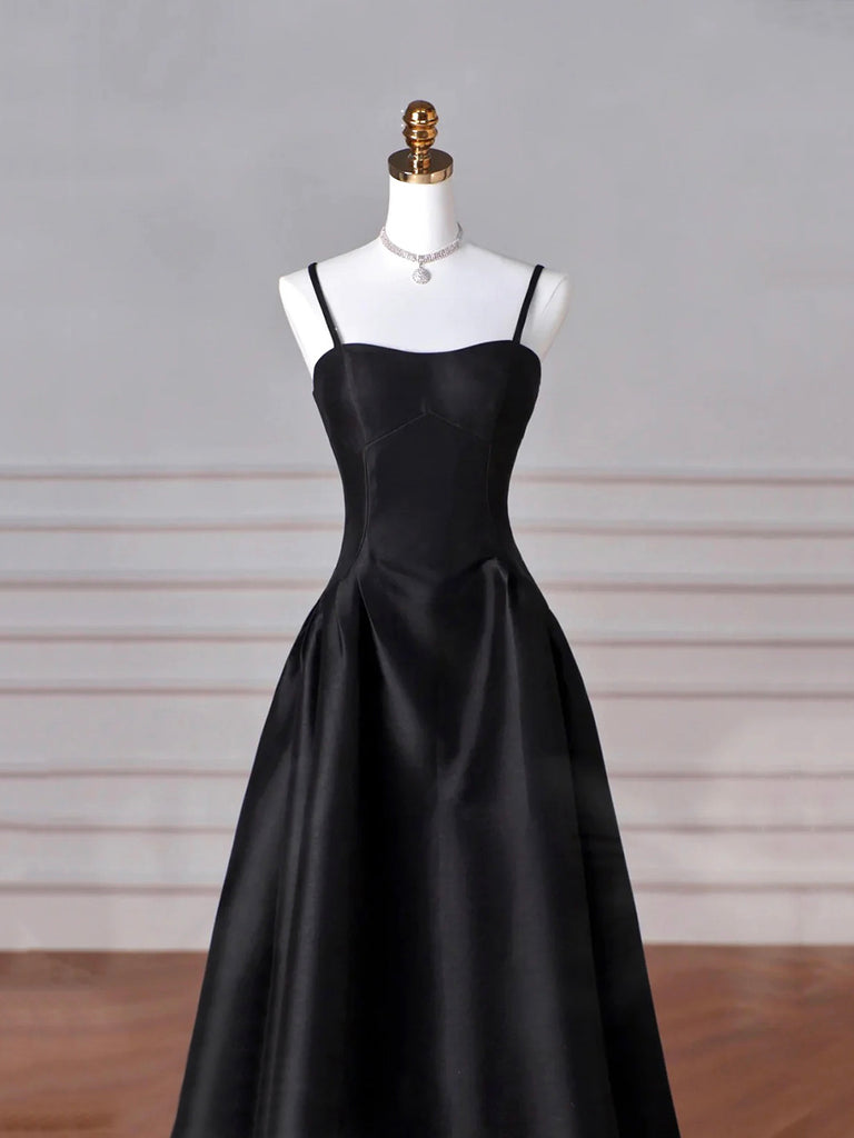 Black Spaghetti Strap Satin Long Prom Dress, Black A-Line Evening Dres