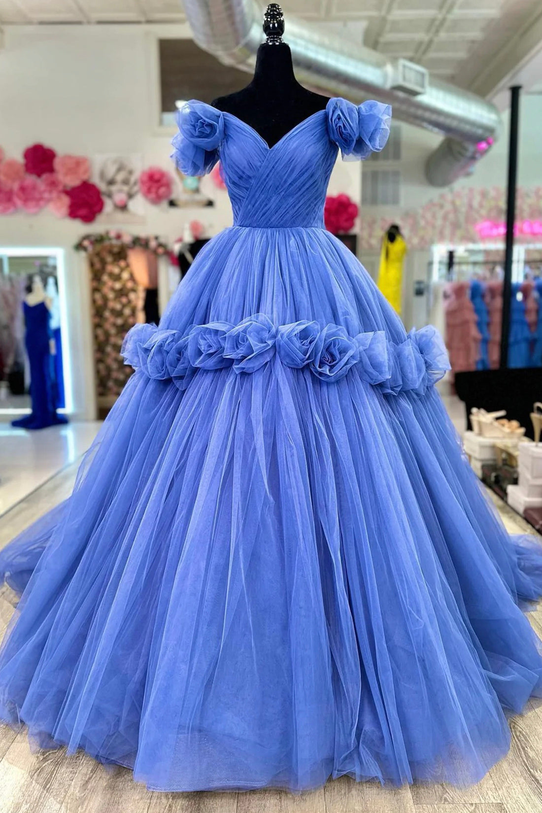 Blue V-neck Tulle Formal Dress with Flowers, Blue Floor Length Prom Dress US 6 / Blue Blue V-neck Tulle Formal Dress with Flowers, Blue Floor Length Prom Dress US 6 / Blue