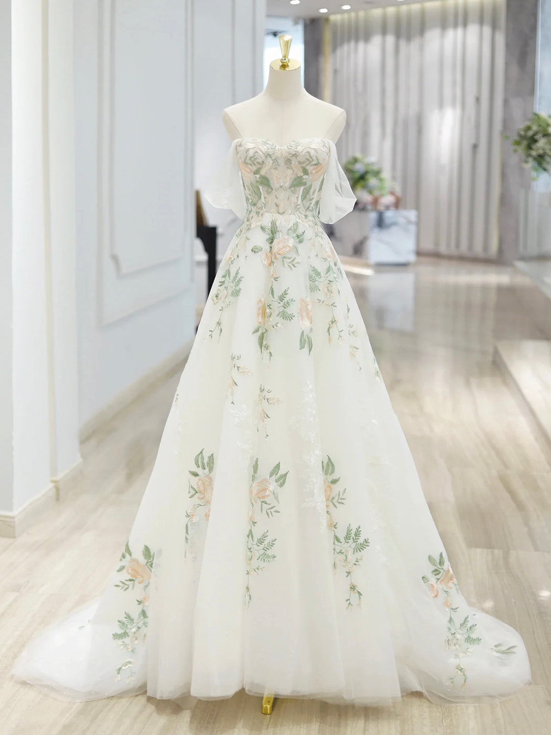 With Floral Lace Floor Length Prom Dress, Beautiful Off the Shoulder A