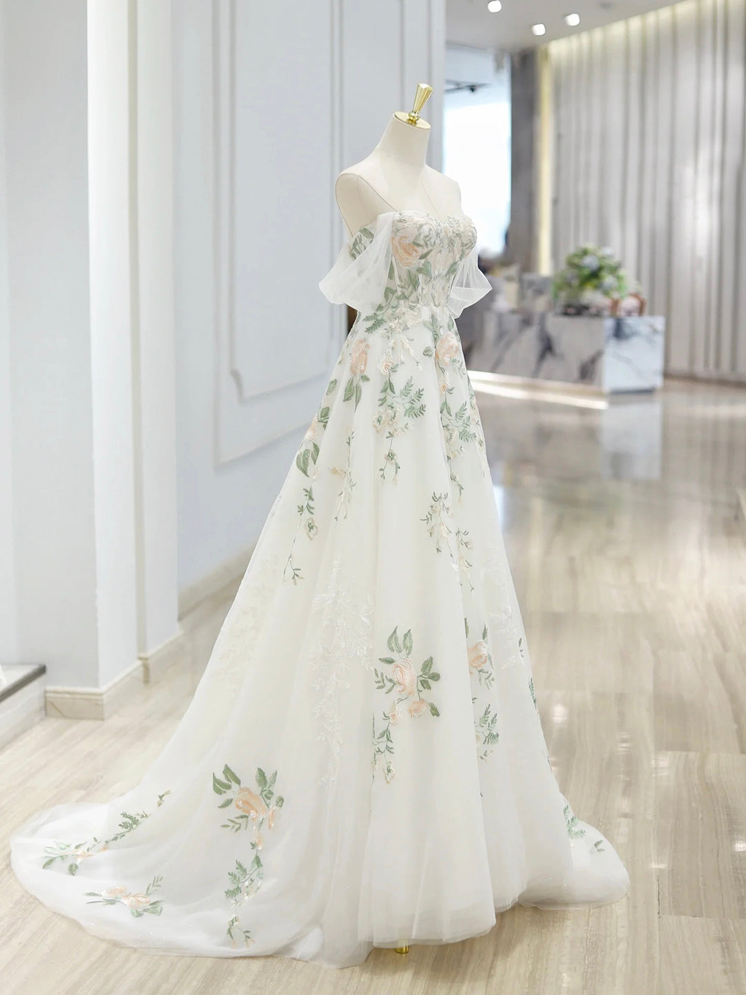With Floral Lace Floor Length Prom Dress, Beautiful Off the Shoulder A