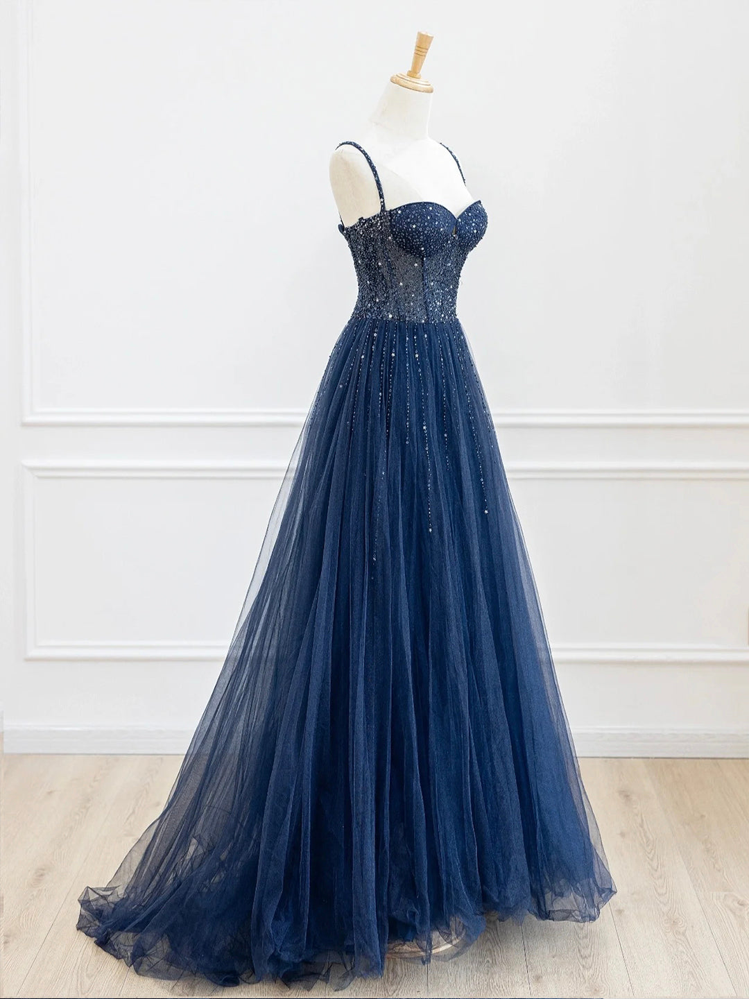 Blue Spaghetti Strap Tulle Sequins Long Prom Dress, Beautiful A-Line E