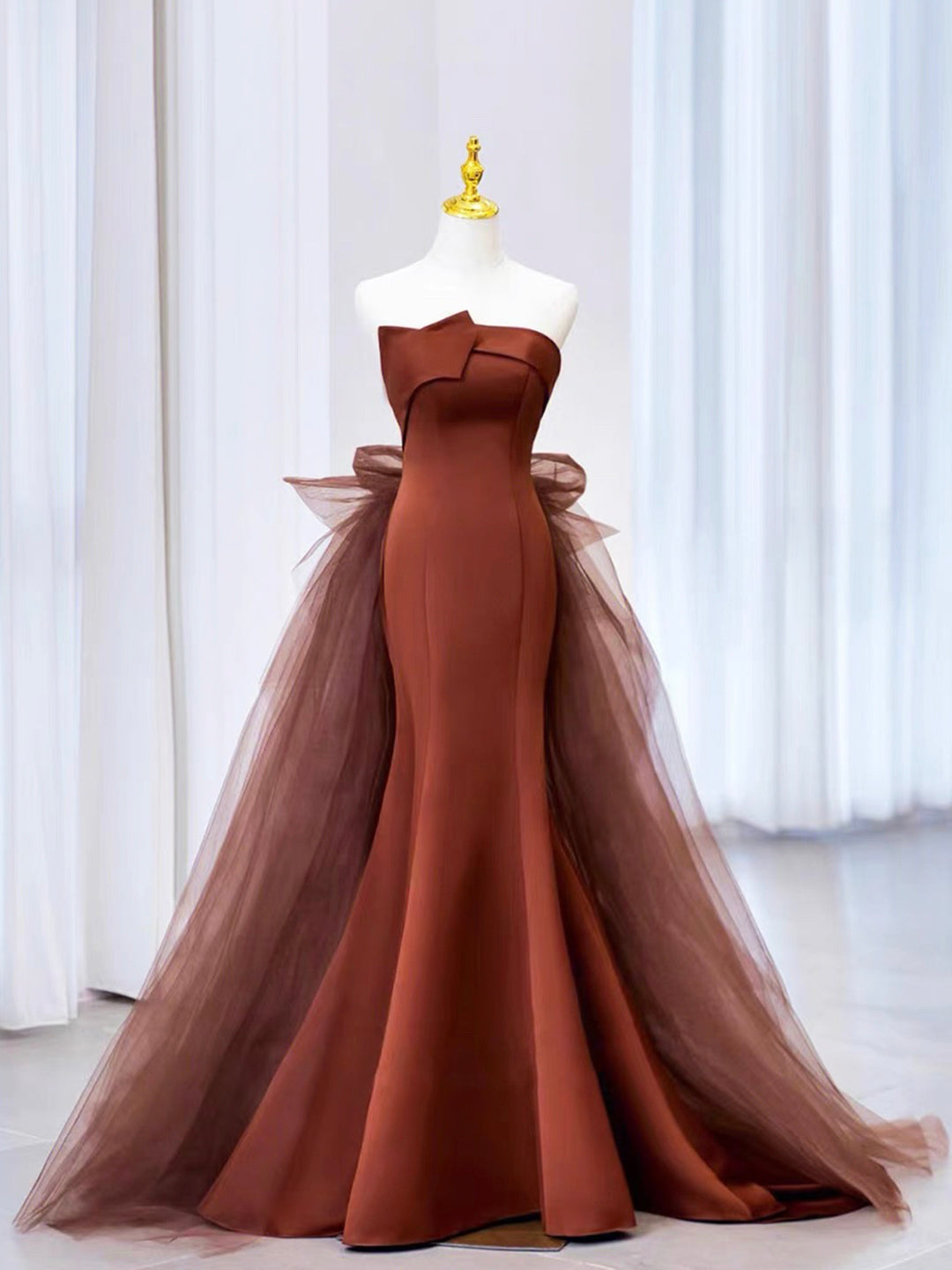 Mermaid Satin Tulle Long Prom Dress, Brown Strapless Evening Party Dress US 6 / Custom Color Mermaid Satin Tulle Long Prom Dress, Brown Strapless Evening Party Dress US 6 / Custom Color