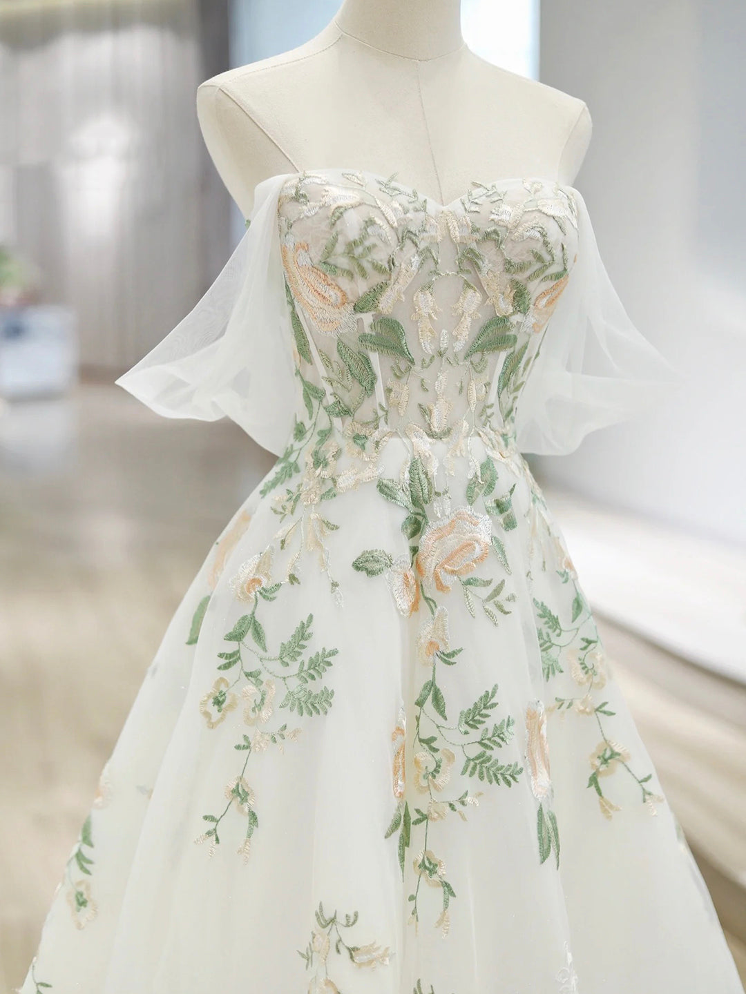 With Floral Lace Floor Length Prom Dress, Beautiful Off the Shoulder A