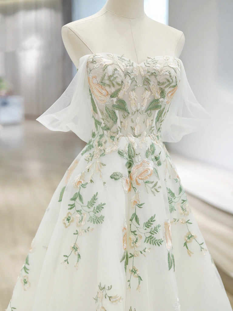With Floral Lace Floor Length Prom Dress, Beautiful Off the Shoulder A