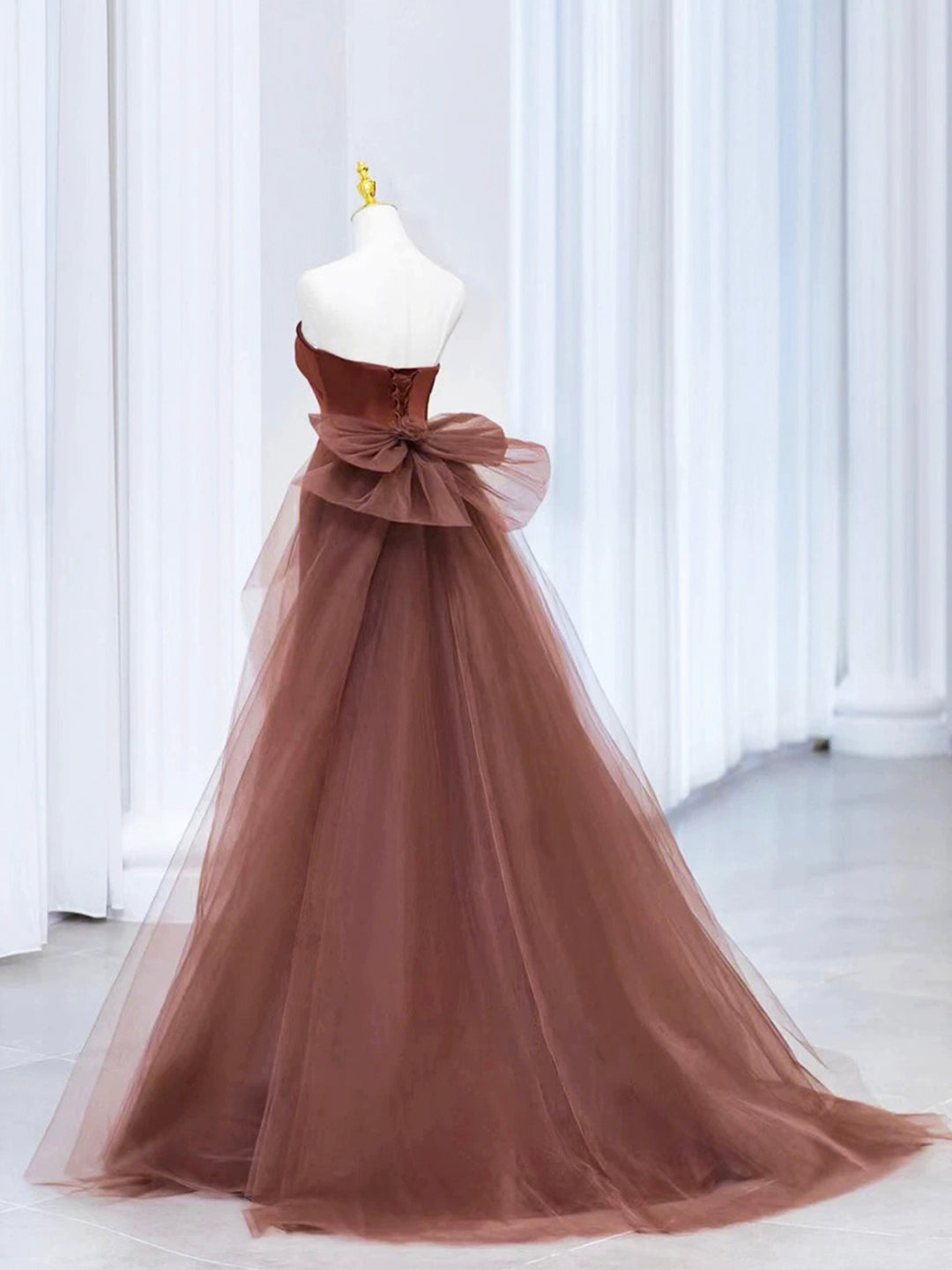 brown tulle prom dress Backless Long A Line Brown Beaded Sweetheart Tulle Prom Dresses PSK344 US0 / Custom Color