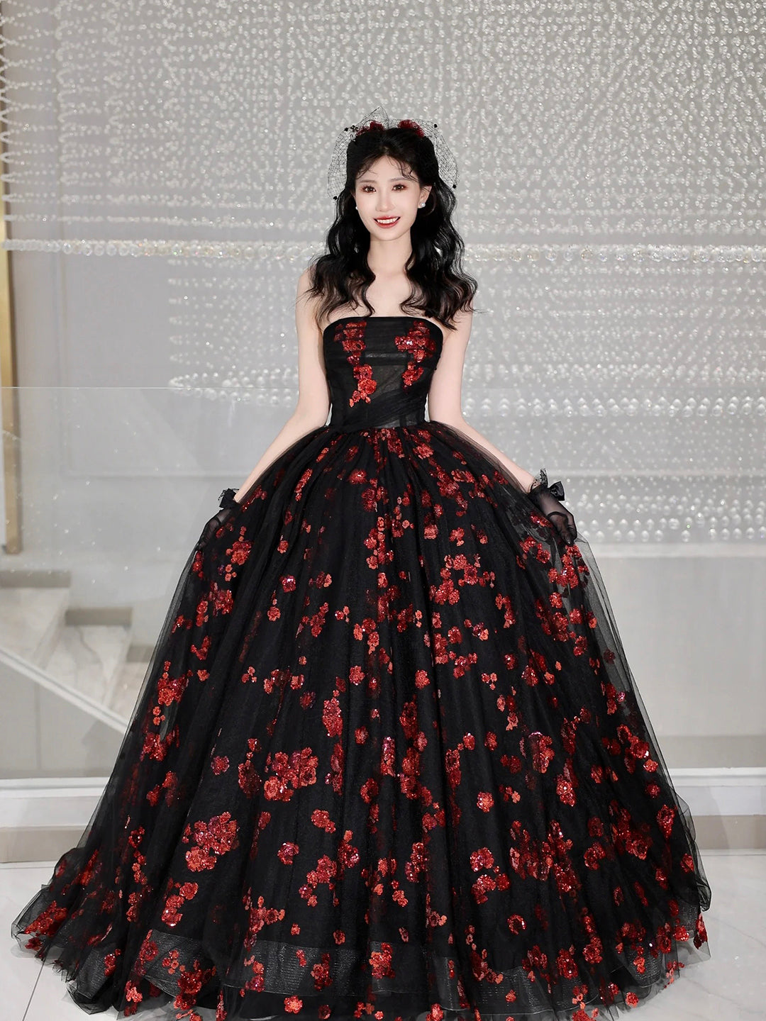 Black Tulle and Red Sequins Long Formal Dress, A-Line Strapless Evening Party Dress Custom Size / Black Black Tulle and Red Sequins Long Formal Dress, A-Line Strapless Evening Party Dress Custom Size / Black