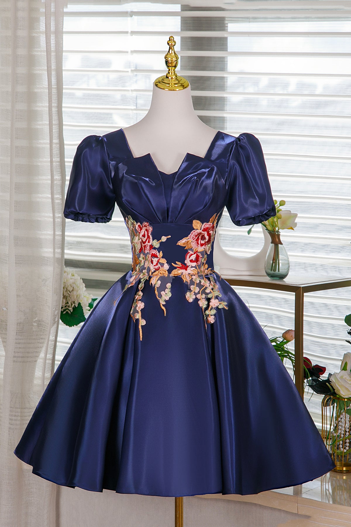 Navy Satin Lace Short Prom Dress, A-Line Short Sleeve Party Dress US 6 / Custom Color