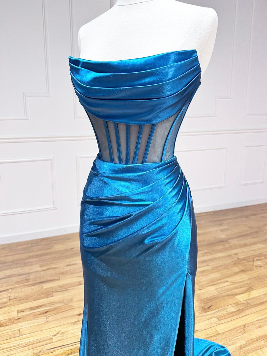 Blue Strapless Pleated Long Prom Dress, Blue Satin Party Dress – Loveydress