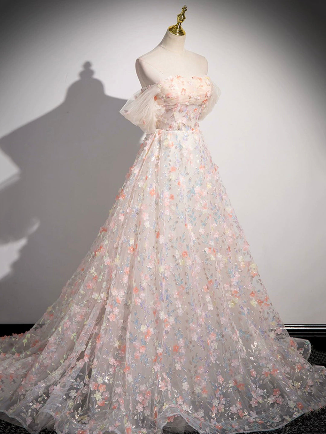 Lovely Three-dimensional Floral Floor Length Prom Dress, Off the Shoul