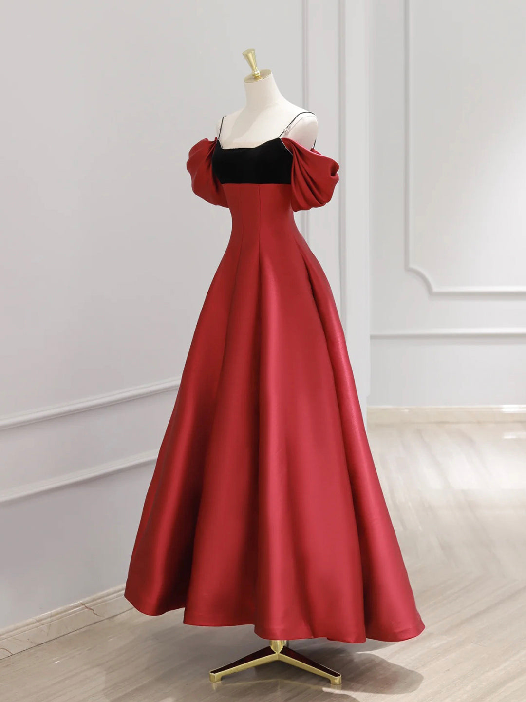 Burgundy Satin and Black Velvet Long Prom Dress, A-Line Spaghetti Strap Evening Party Dress Custom Size / Burgundy Burgundy Satin and Black Velvet Long Prom Dress, A-Line Spaghetti Strap Evening Party Dress Custom Size / Burgundy