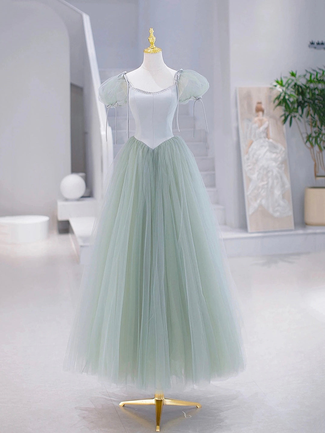 Green Tulle Floor Length Prom Dress, Green Short Sleeve Evening Party Dress Custom Size / Green Green Tulle Floor Length Prom Dress, Green Short Sleeve Evening Party Dress Custom Size / Green