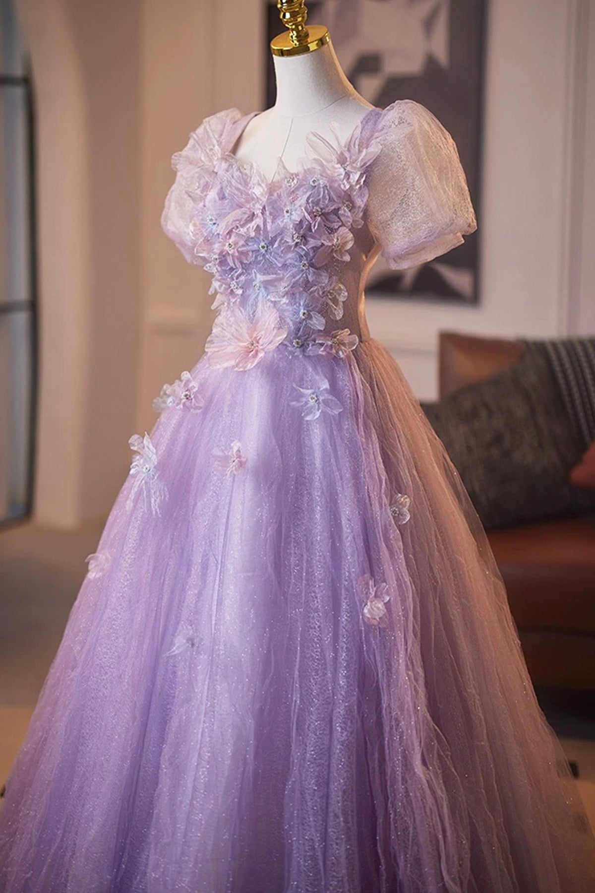 Lilac Crumpled Tulle Long Prom Dress, Beautiful Flower Fairy Evening Party Dress US 10 / Lilac Lilac Crumpled Tulle Long Prom Dress, Beautiful Flower Fairy Evening Party Dress US 10 / Lilac