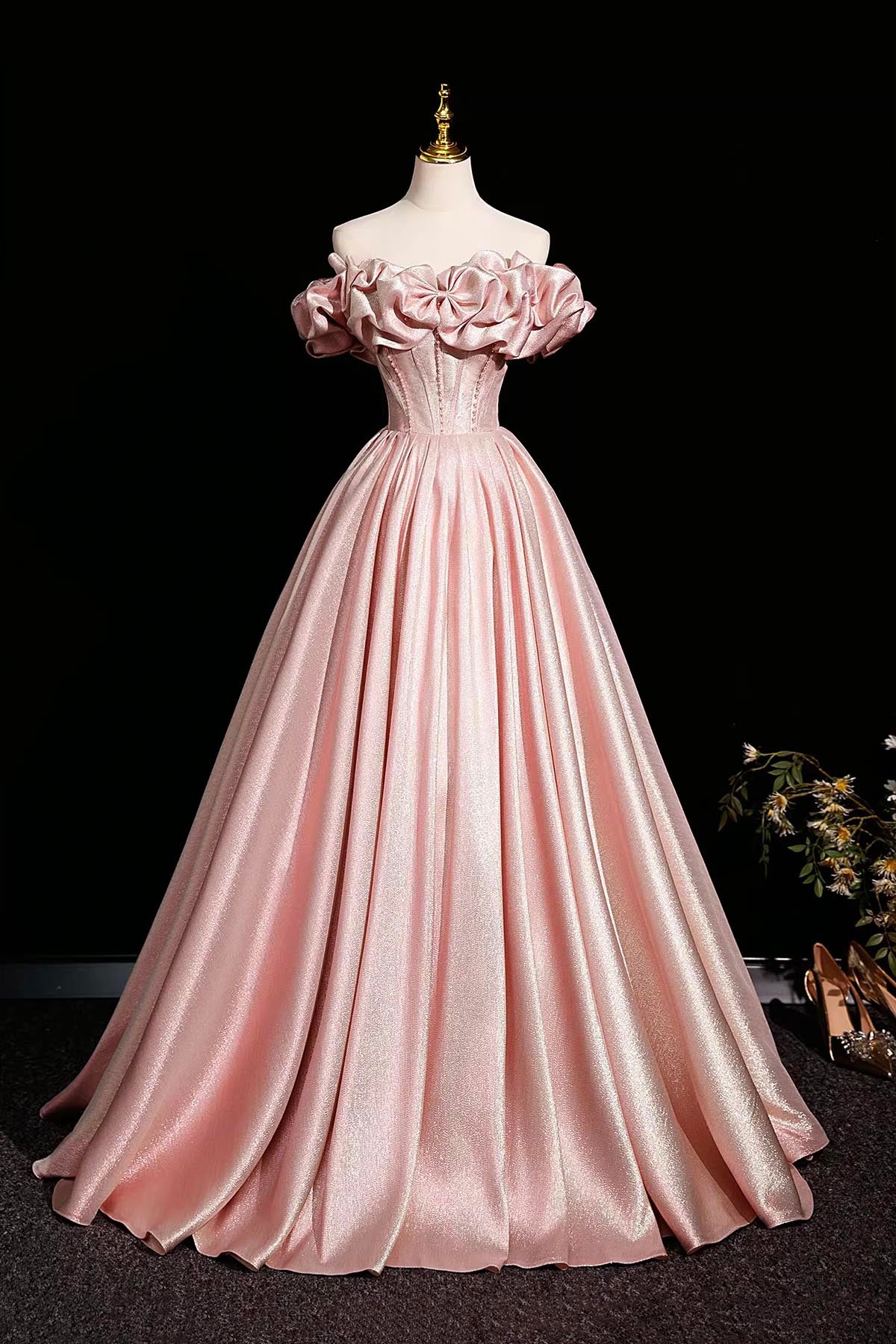Elegant Pink Satin Prom Dresses Ball Gown, A-Line Off-The-Shoulder Bac Loveydress Elegant Pink Satin Prom Dresses Ball Gown, A-Line Off-The-Shoulder Bac Loveydress