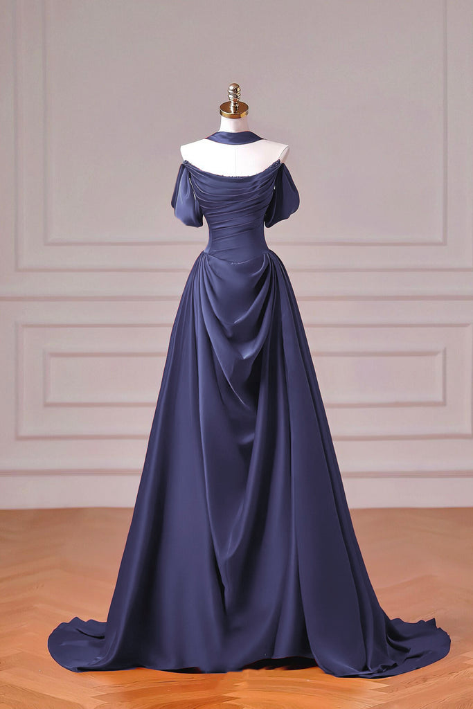 Navy Blue Satin Off Shoulder Evening Gown with Draped Bodice and Train –  Loveydress