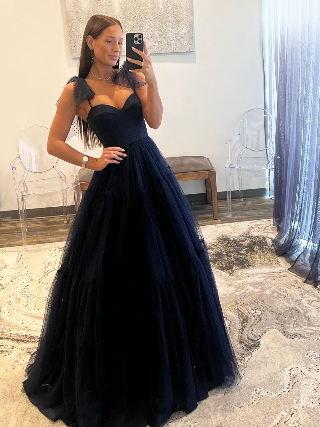 Navy Blue Dotted Tulle A Line Prom Dresses, A-Line Sweetheart Neckline