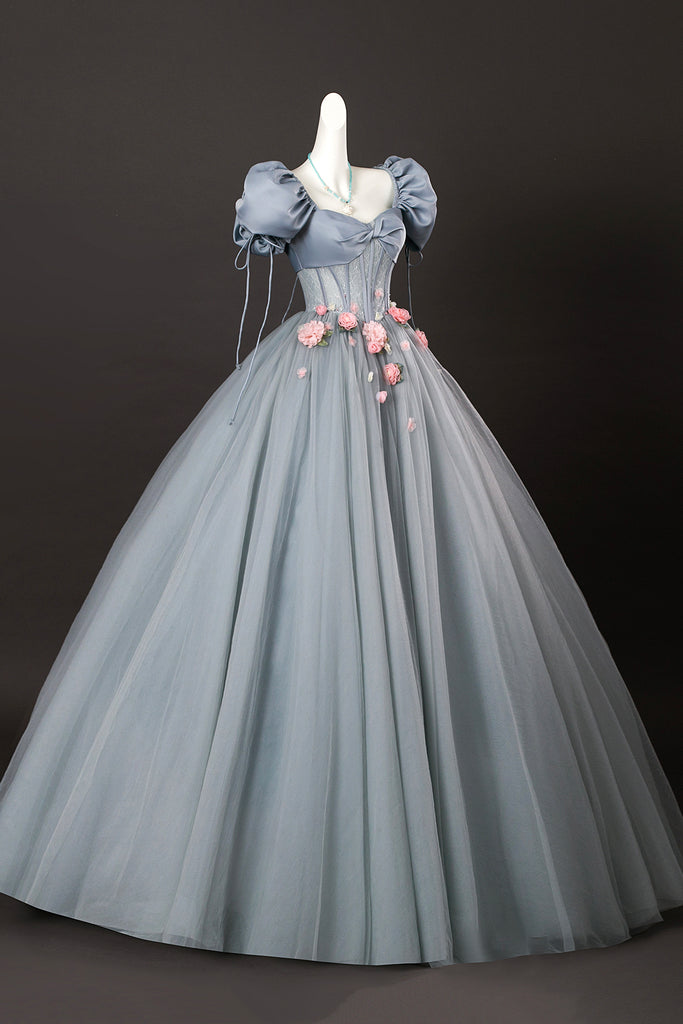 A-Line Gray Tulle Flowers Long Prom Dress, Beautiful Short Sleeve Evening Party Dress with Corset Custom Size / Gray A-Line Gray Tulle Flowers Long Prom Dress, Beautiful Short Sleeve Evening Party Dress with Corset Custom Size / Gray