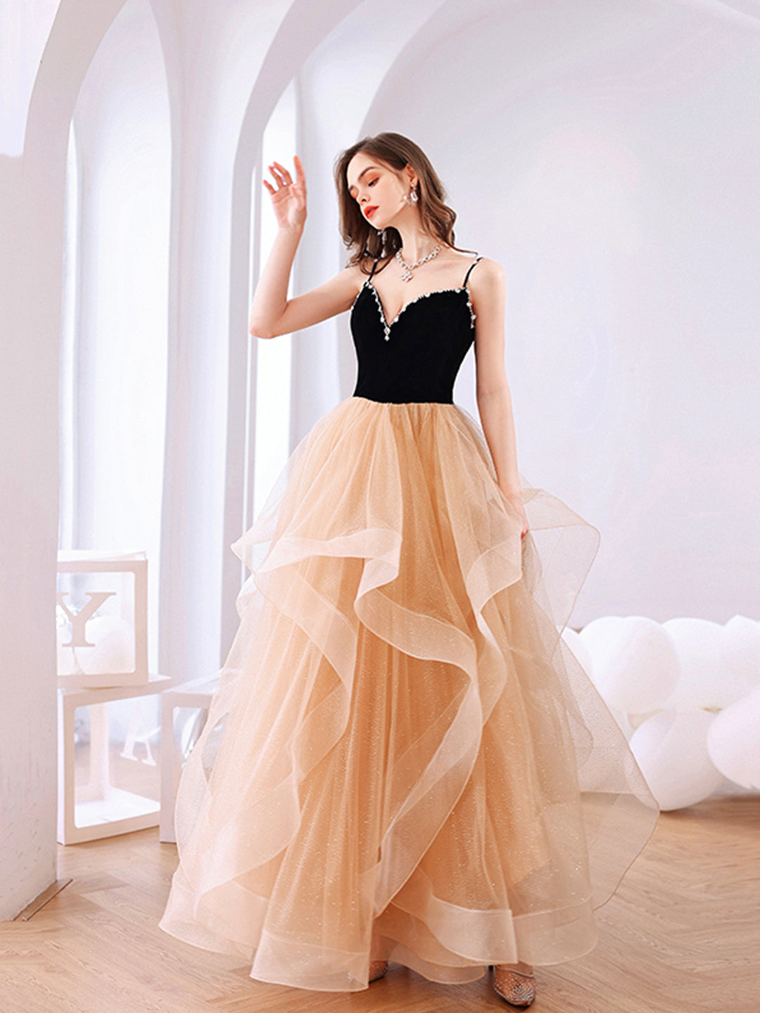 black and peach prom dresses Black Lace Nude Strapless Ball Gown Princess Prom Dresses ,PD00296 AlineBridal