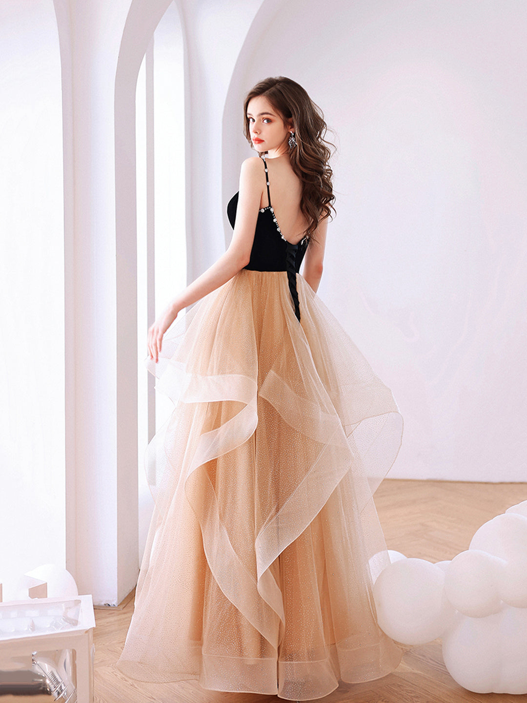 Black Velvet and Champagne Tiered Ruffles Long Prom Dress US 16 / Custom Color Black Velvet and Champagne Tiered Ruffles Long Prom Dress US 16 / Custom Color