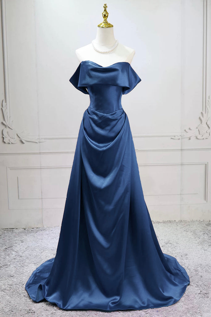 Elegant Navy Blue Off-the-Shoulder Satin Prom Gown with Ruched Bodice Loveydress Elegant Navy Blue Off-the-Shoulder Satin Prom Gown with Ruched Bodice Loveydress