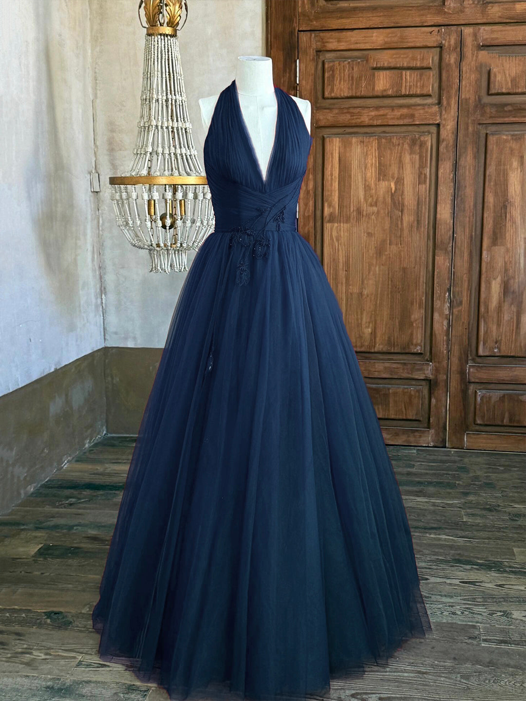 Blue V-Neck Tulle Long Prom Dress, Elegant Backless Evening Party Dress Custom Size / Blue Blue V-Neck Tulle Long Prom Dress, Elegant Backless Evening Party Dress Custom Size / Blue