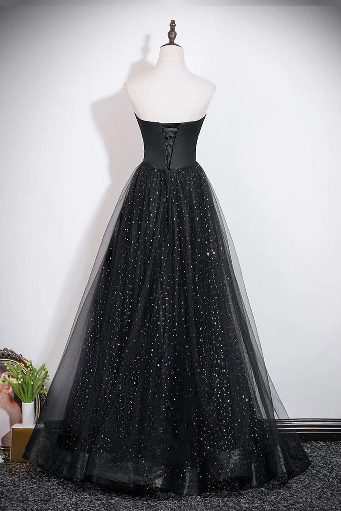 black sequin strapless prom dress Black Sequin Tulle Strapless Ball Gown Evening Dress with Corset Back –  Loveydress