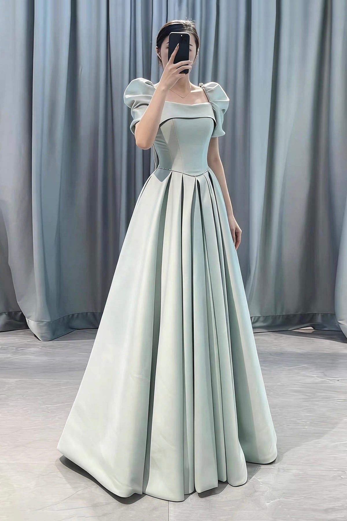 elegant mint green dresses Mint Green Satin Ball Gown with Puff Sleeves