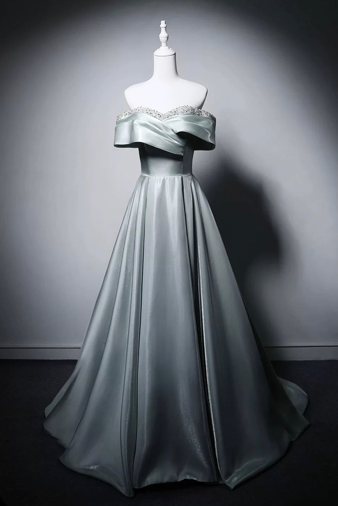 Elegant Green Off-Shoulder Satin Evening Gown with Beaded Bodice Loveydress Elegant Green Off-Shoulder Satin Evening Gown with Beaded Bodice Loveydress