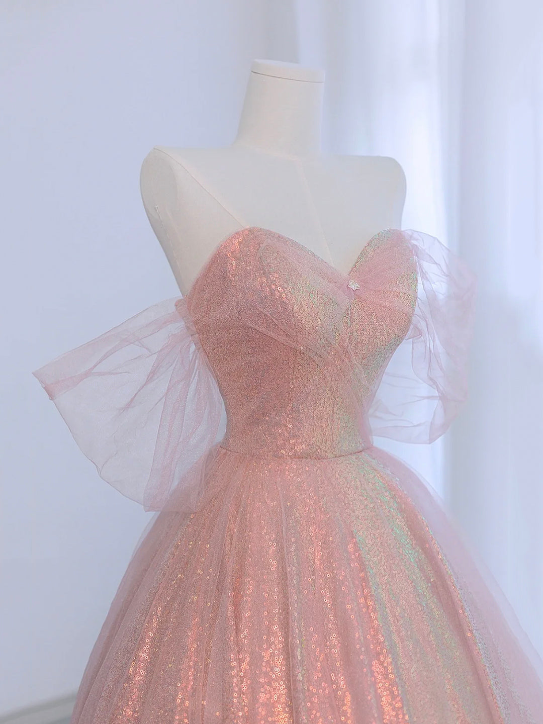 pink fluffy prom dress A Line Puffy Sleeves Tulle Long Dress, Pink Sweet 16 US 4 / Custom Color or another magical event Off shoulder ball gown pink