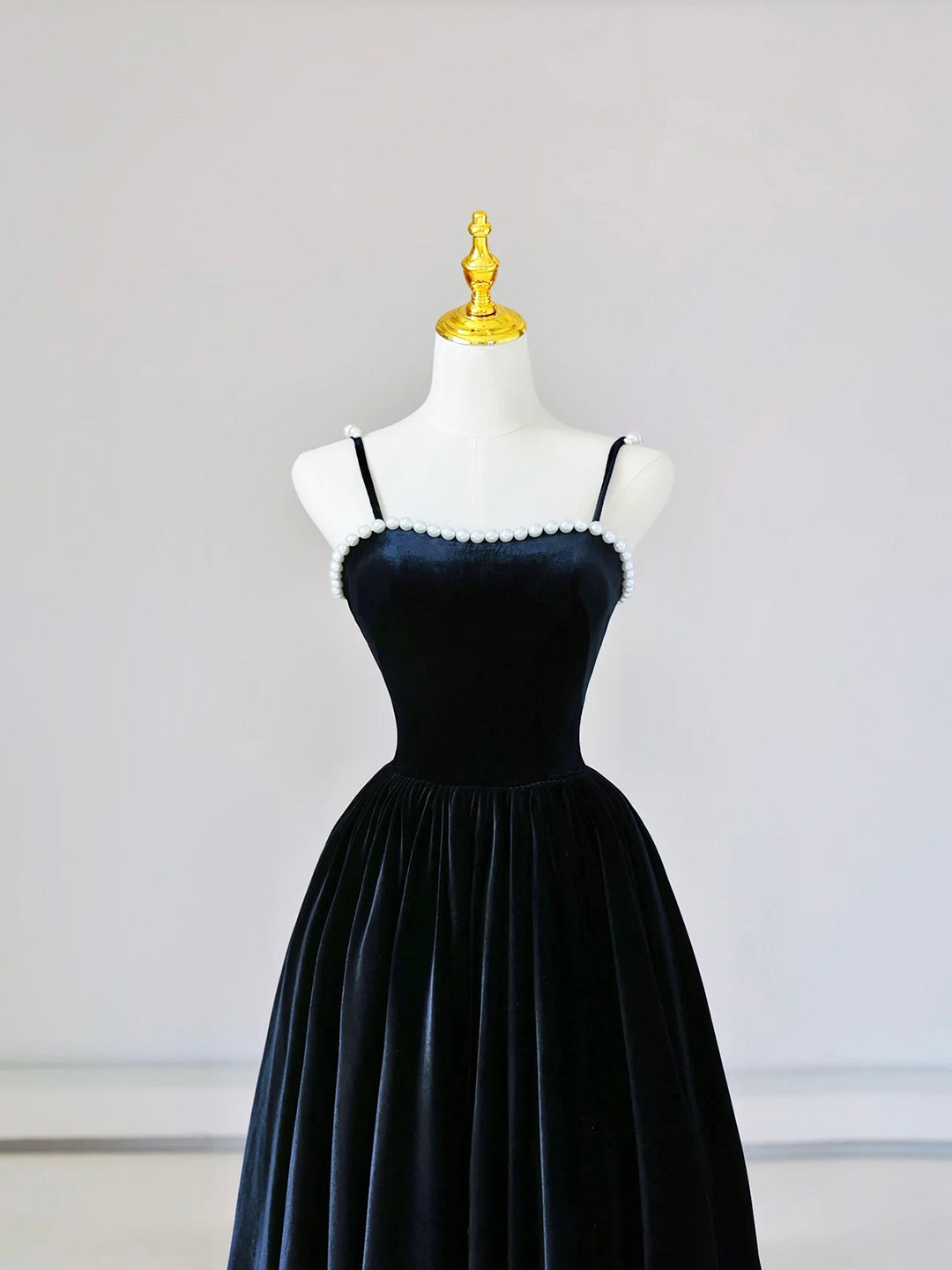 Spaghetti Strap Velvet Long Prom Dress with Pearls, Black Evening Dress Party Dress Custom Size / Black Spaghetti Strap Velvet Long Prom Dress with Pearls, Black Evening Dress Party Dress Custom Size / Black