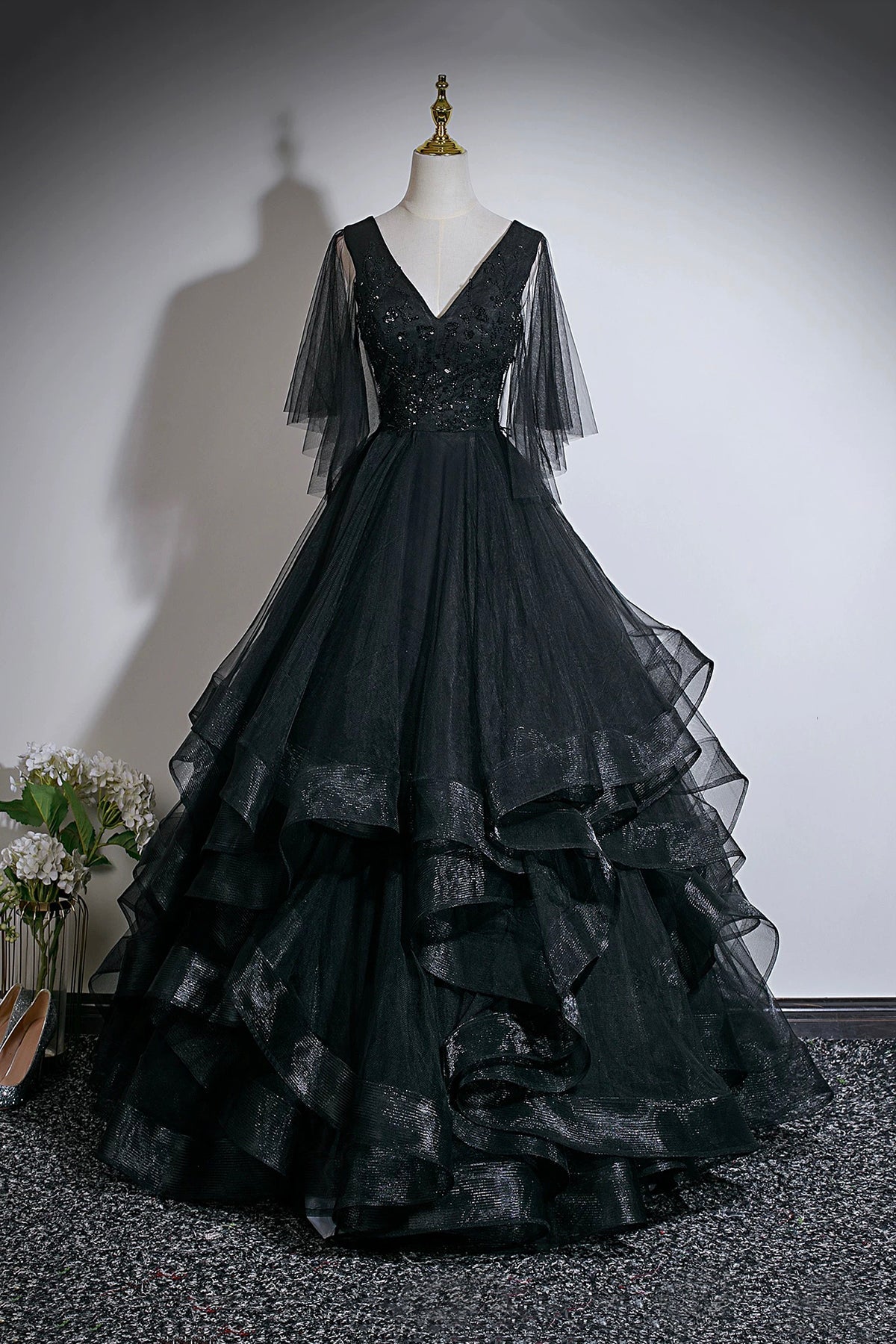 black layered tulle prom dress High-Low Tiered-Tulle Prom Dress CL12281 Black / 0