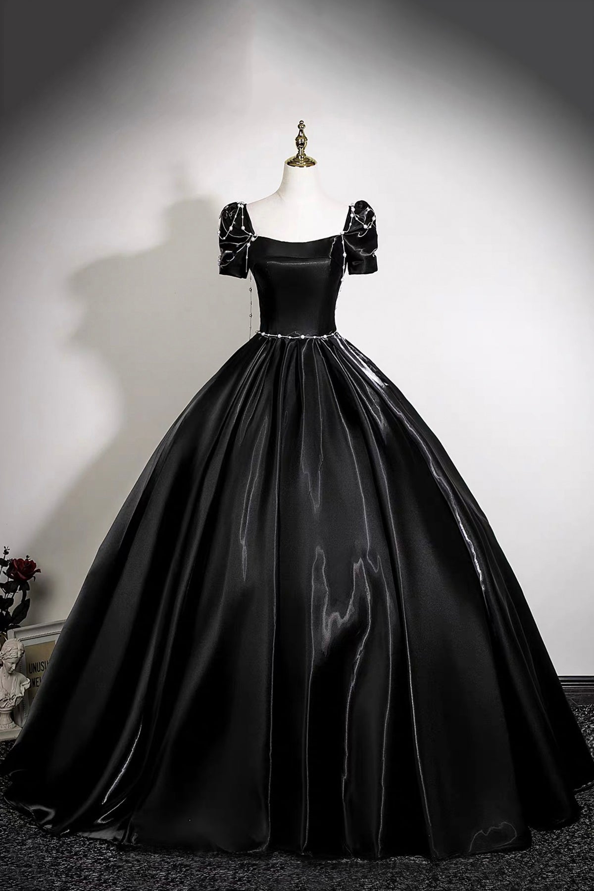 black formal dress with white trim Satin Ball Gown Puff Sleeves Square Neck Evening for Prom US 12 / Custom Color long black dress with white trim