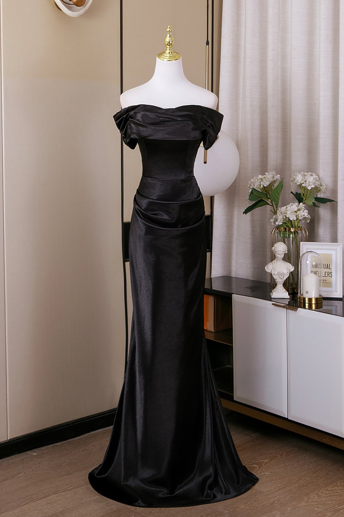 Elegant Black Satin Off-the-Shoulder Mermaid Evening Prom Dress Loveydress Elegant Black Satin Off-the-Shoulder Mermaid Evening Prom Dress Loveydress