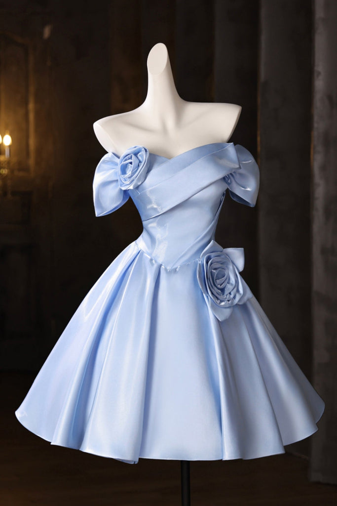 Blue Satin Knee Length Prom Dress, Cute A-Line Evening Party Dress – Loveydress