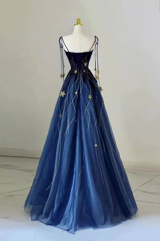 Blue Velvet Ball Gown with Gold Star Embroidery Long A-Line Formal Dress US 6 / Custom Color