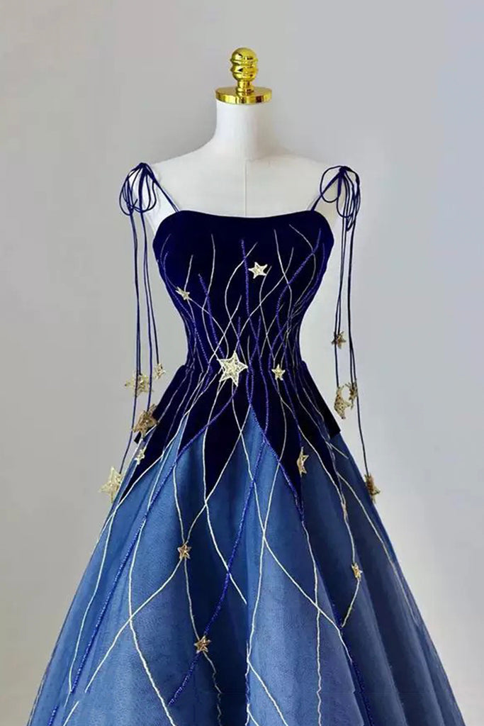 Blue Velvet Ball Gown with Gold Star Embroidery Long A-Line Formal Dress US 6 / Custom Color