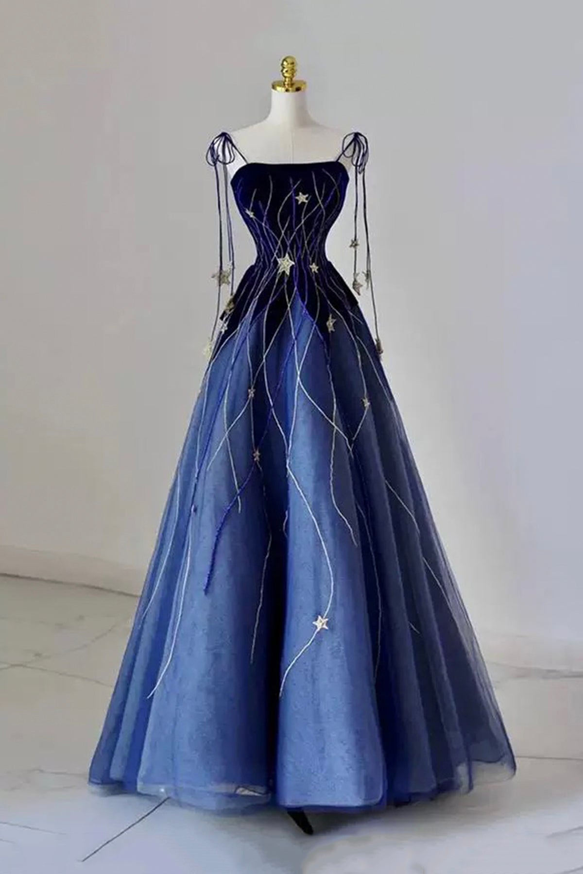 Blue Velvet Ball Gown with Gold Star Embroidery Long A-Line Formal Dre – Loveydress