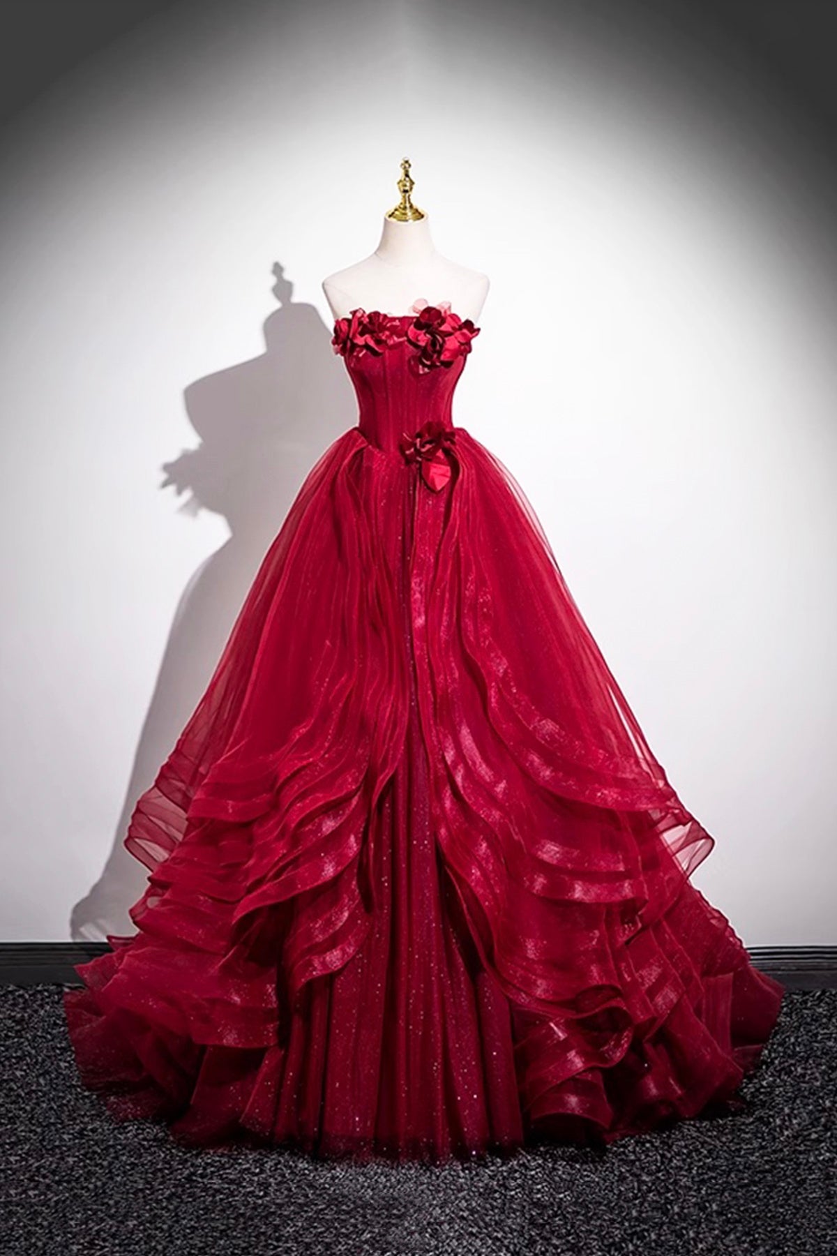 Burgundy Layer Tulle Layer Long Prom Dress, A-Line Strapless Evening Party Dress