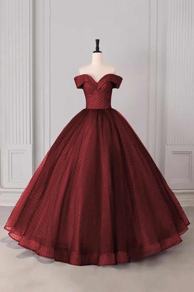 Burgundy Sweetheart Prom Dress with Black Dotted Tulle Overlay Off Sho – Loveydress