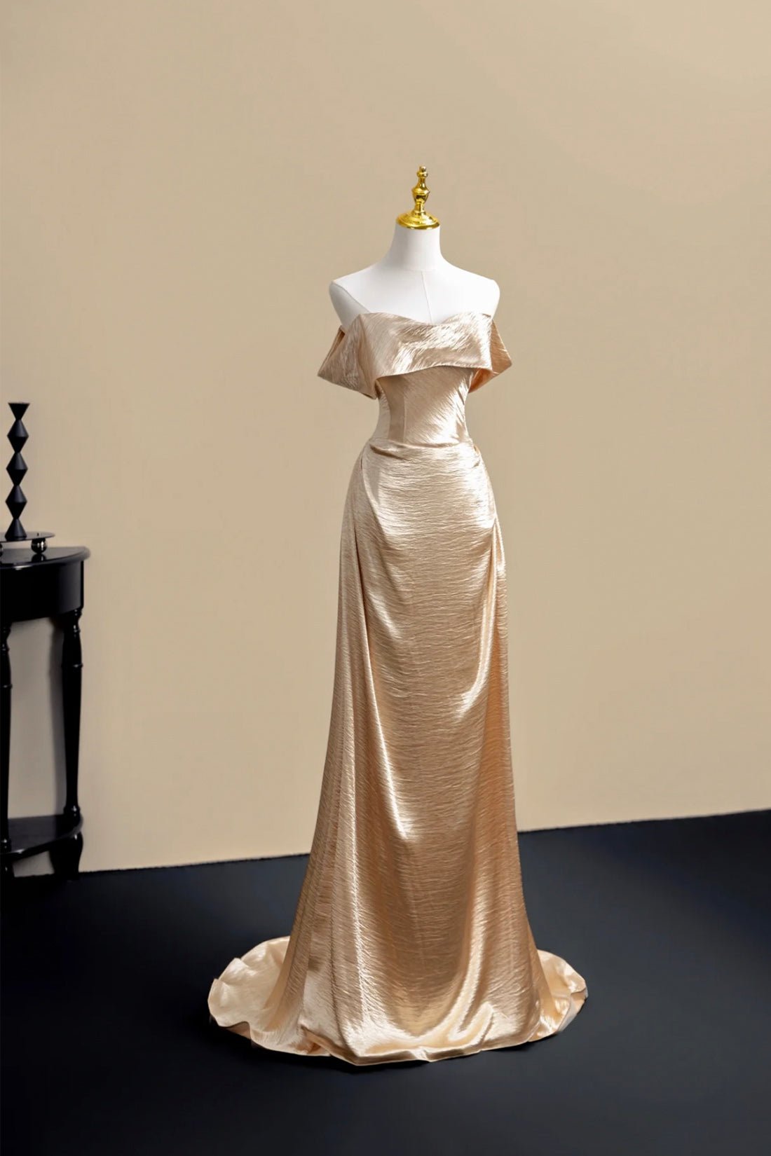 Champagne Gold Off-Shoulder Satin Evening Gown with Draped Bodice