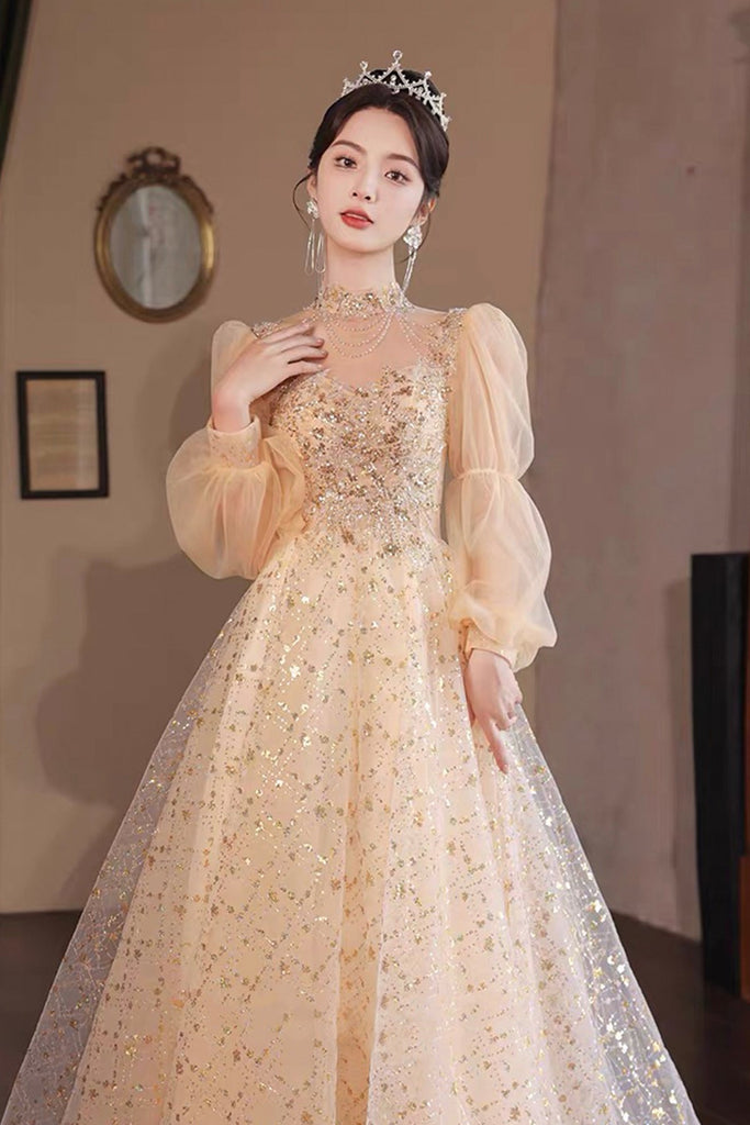 gold sequin ball dress Luxury Gold Glitter Ball Gown Long Prom Dress