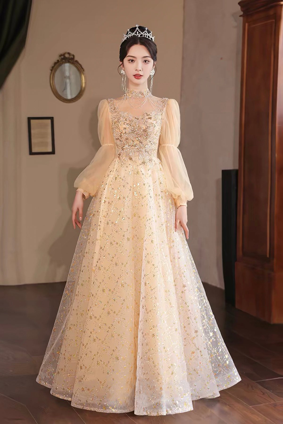 champagne gold dress with sleeves Azazie Kathryn