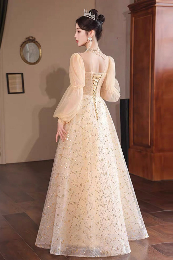 gold sequin puff sleeve dress Glittering Gold Sequin Puff Sleeve Party Dress