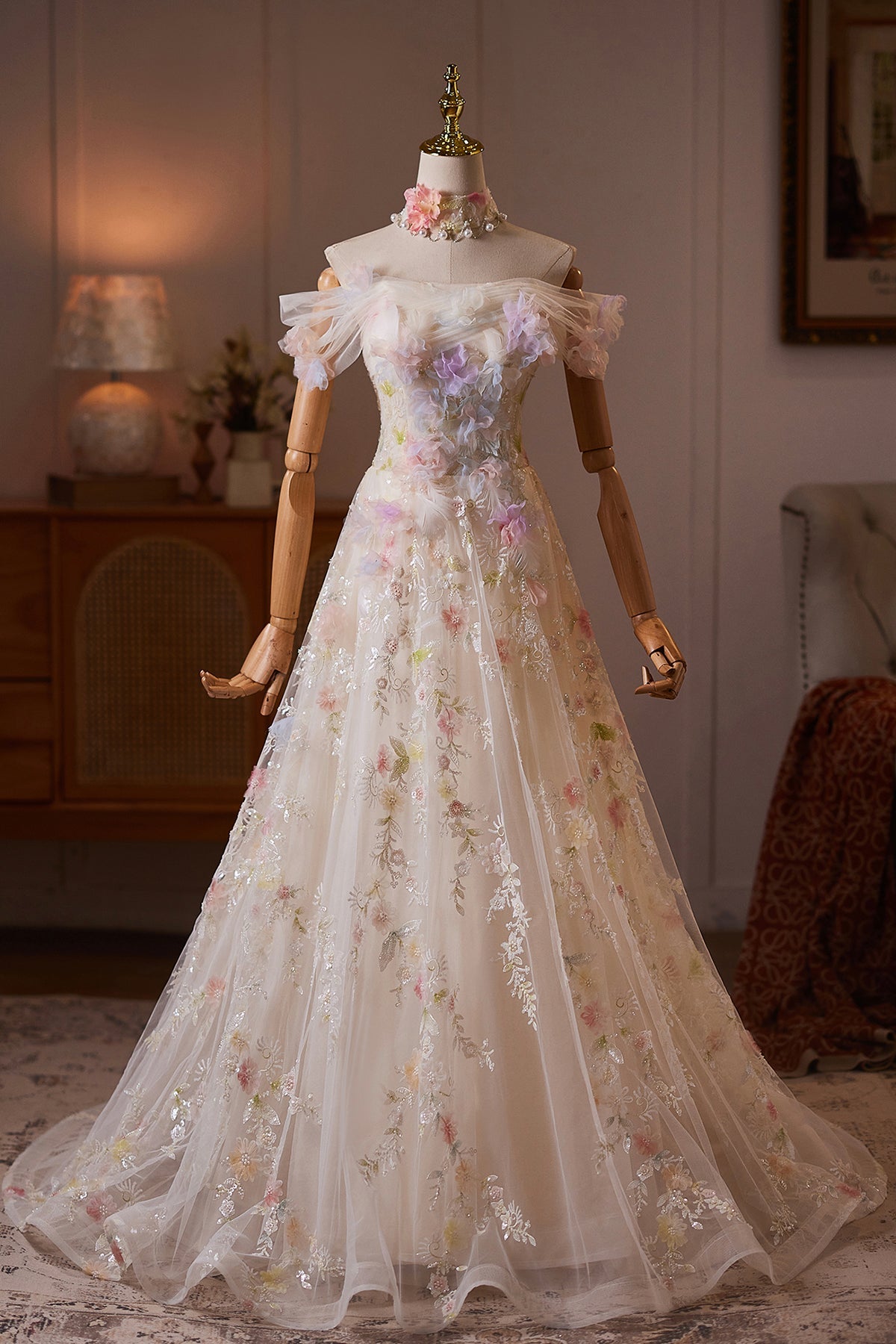 Champagne Off Shoulder Floral Tulle Long Prom Party Dress with 3D Flow – Loveydress