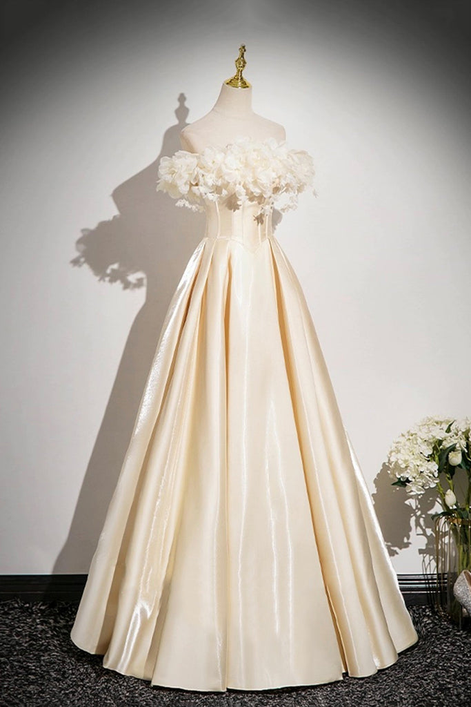Champagne Satin Flowers Long Prom Dress, Off the Shoulder A-Line Party Dress