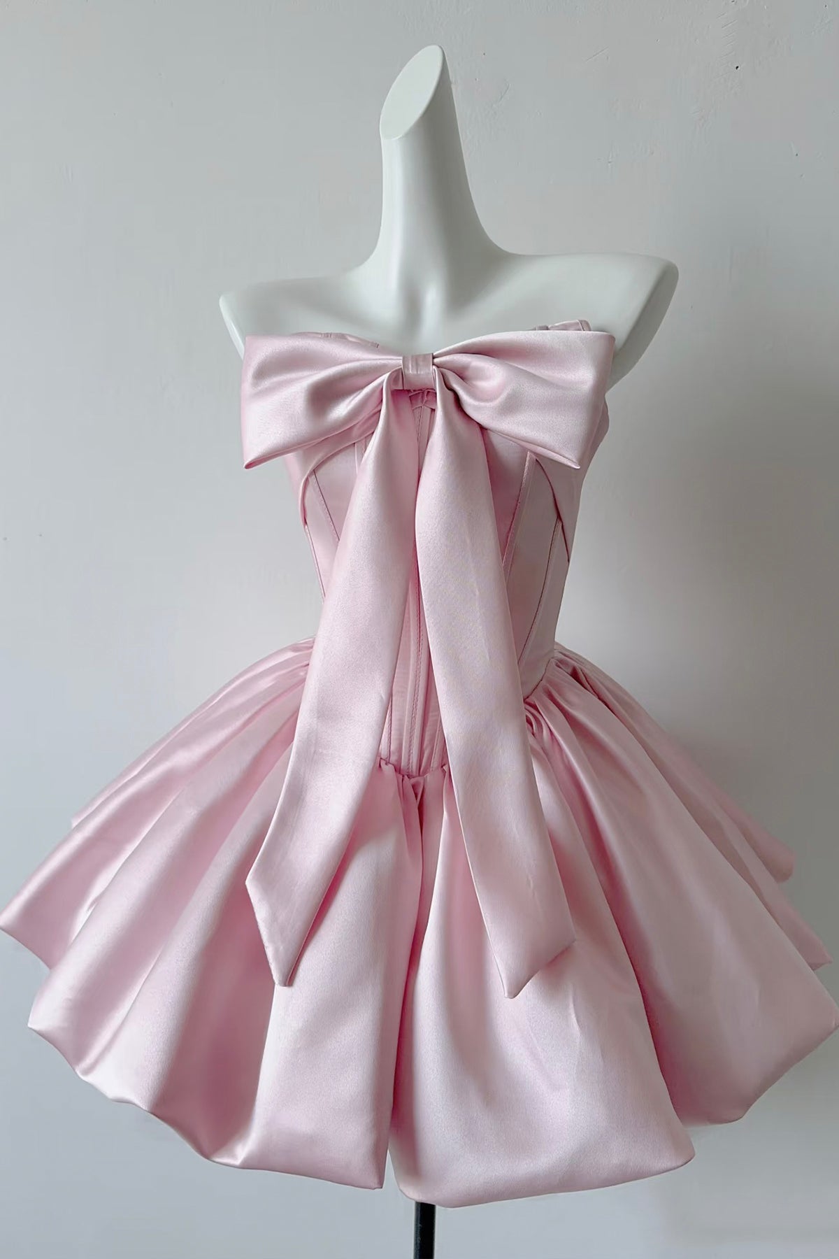 Coquette Pink Satin Strapless Homecoming Dress with Big Bow