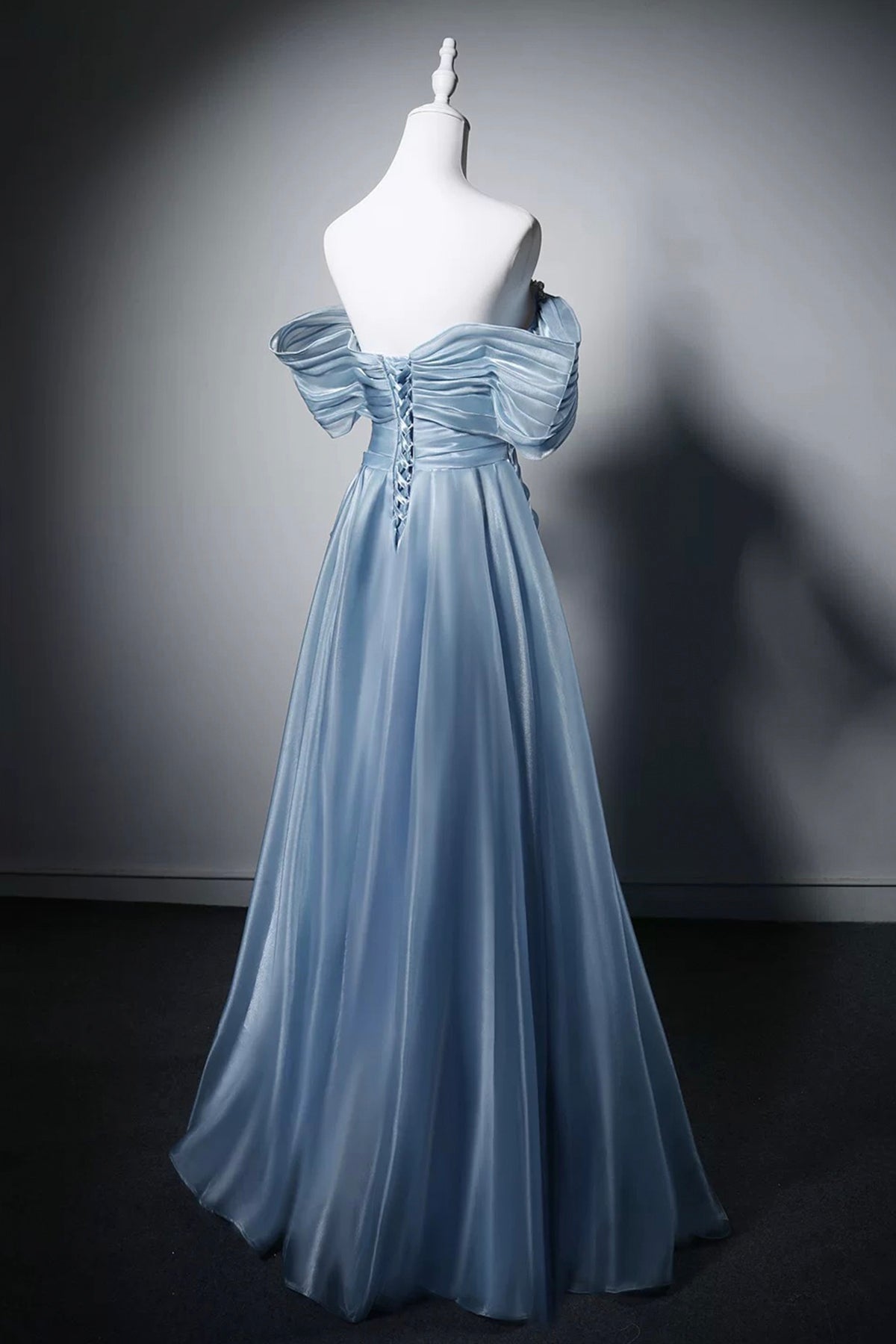 Dusty Blue Off-the-Shoulder Satin Evening Gown