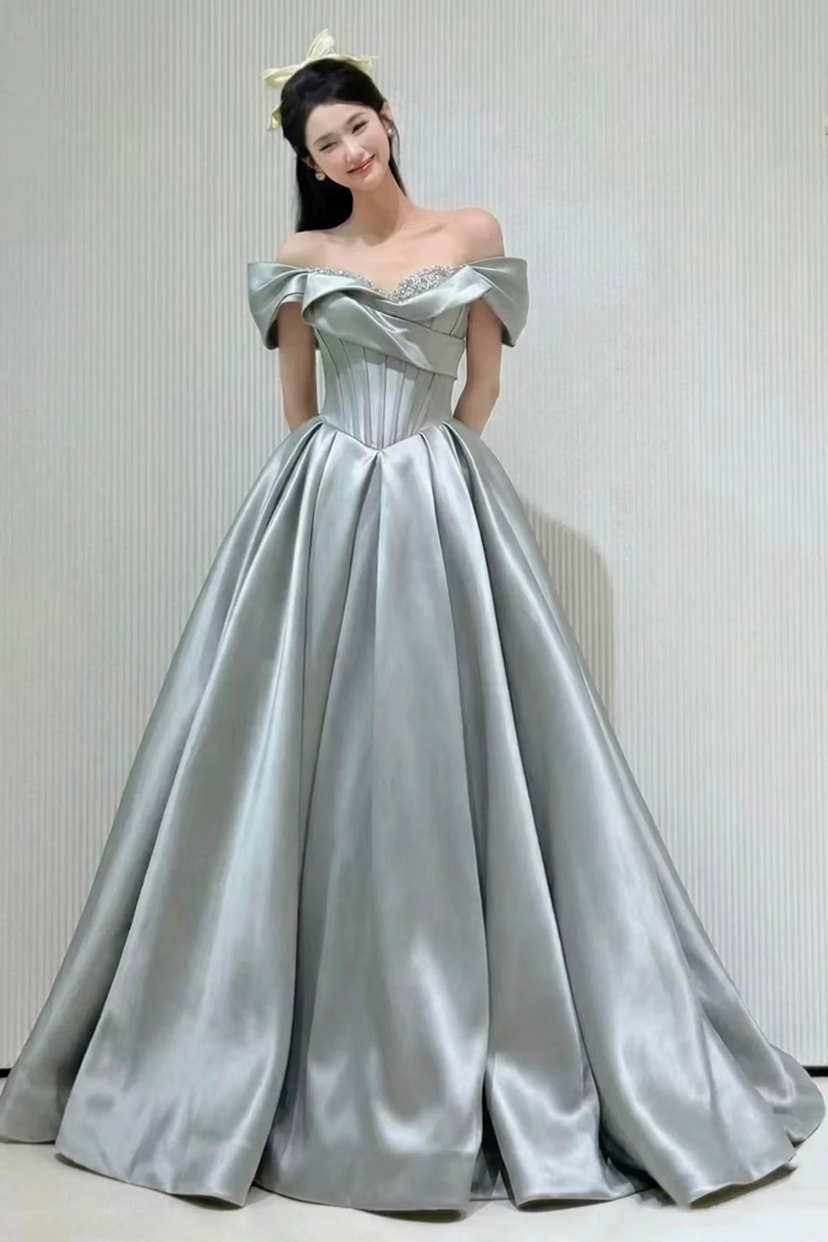 dusty green prom dress Off Shoulder Satin Ball Gown, Beaded Corset Formal Dr – Loveydress kaajal’s couture
